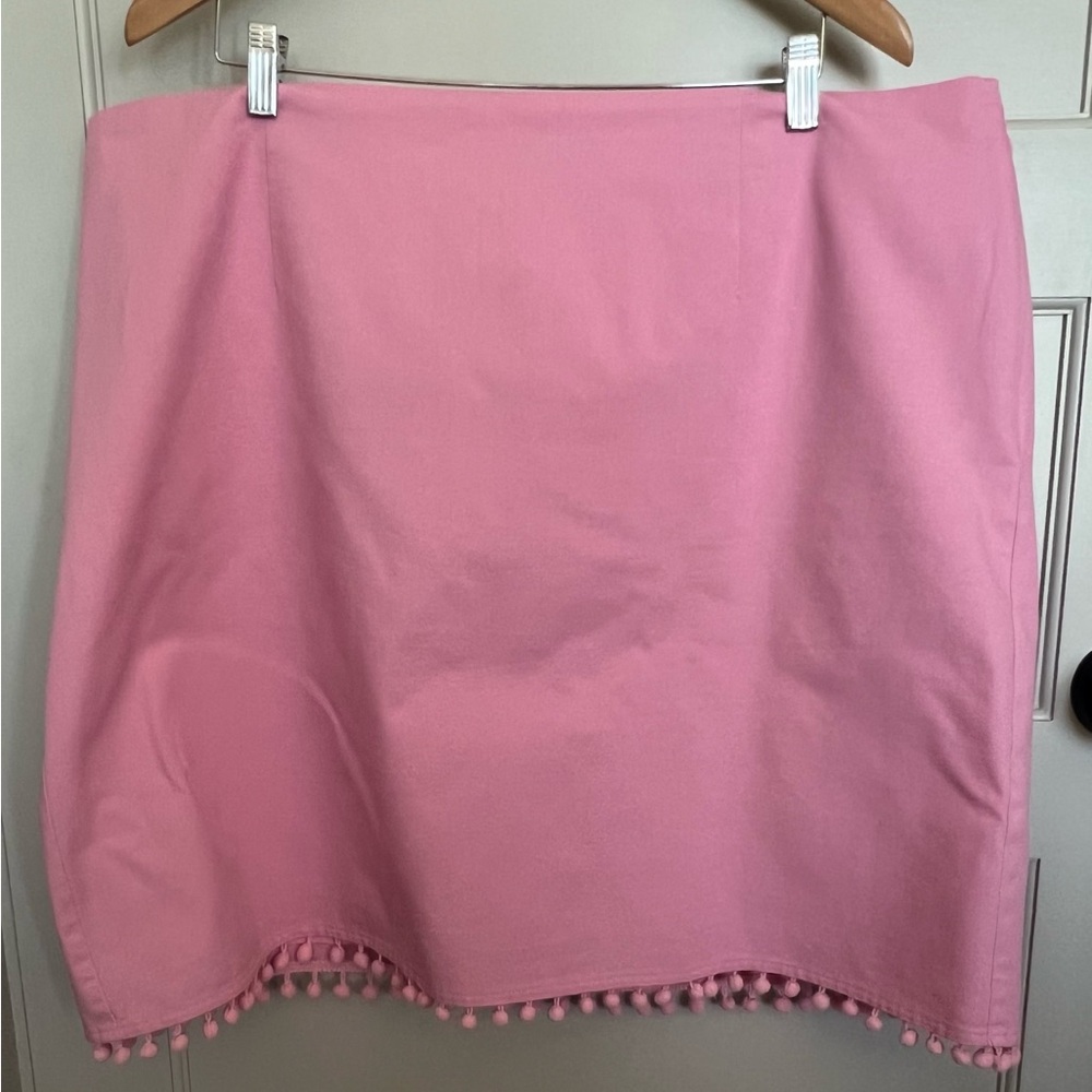 Talbots Women Cotton Skirt Plus 20W Pink Lined Zip Elastic Waist Pom-Pom Trim